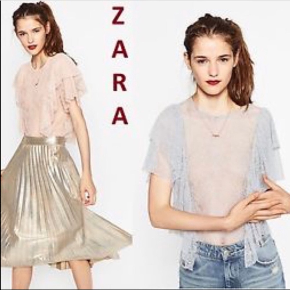 🆕 Zara Chic sheer frilled ruffle sleeve Pink Lace Top blouse